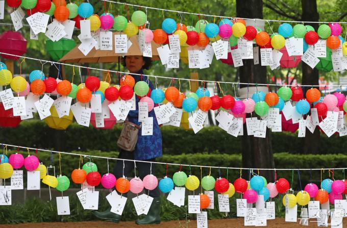 봄비가 내리는 29일 오후 부산 부산진구 송상현광장에 불기 2568년 부처님오신날(5월15일)을 맞아 부산연등회가 열리고 있는 가운데 형형색색 소원등 사이로 우산을 쓴 한 시민이 지나가고 있다. 부산연등회는 송상현광장과 부산시민공원 일원에서 다음달 12일까지 열린다. 2024.4.29/뉴스1 ⓒ News1 윤일지 기자