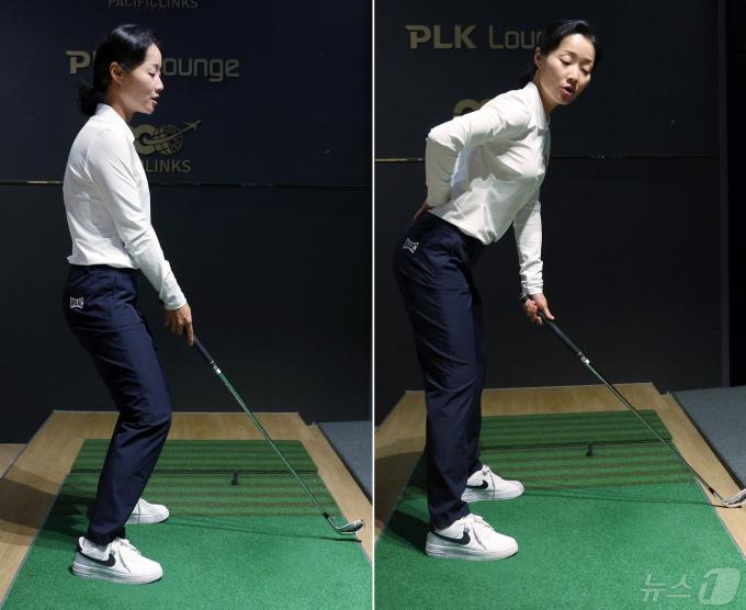 여자 골프대표팀 민나온 코치가 29일 서울 강남의 한 스크린골프장에서 뉴스1과 가진 인터뷰에서 잘못된 어드레스 자세(왼쪽 사진)와 상체를 숙이는 올바른 어드레스 자세에 대해 설명하며 시범을 보이고 있다. 2024.4.29/뉴스1 ⓒ News1 박정호 기자