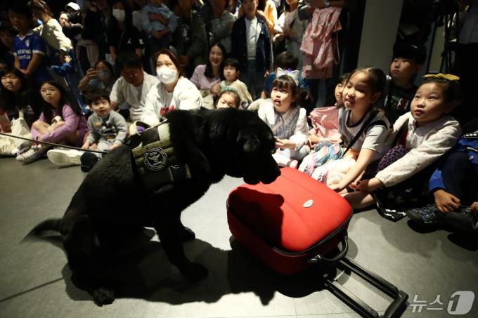 [사진] '경찰특공대 탐지견이 신기한 어린이들'