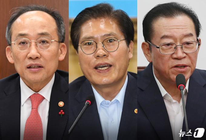9일 실시되는 국민의힘 원내대표 선거에 출마 의사를 밝힌 추경호, 송석준, 이종배 의원(왼쪽부터)  ⓒ News1 윤주희 디자이너