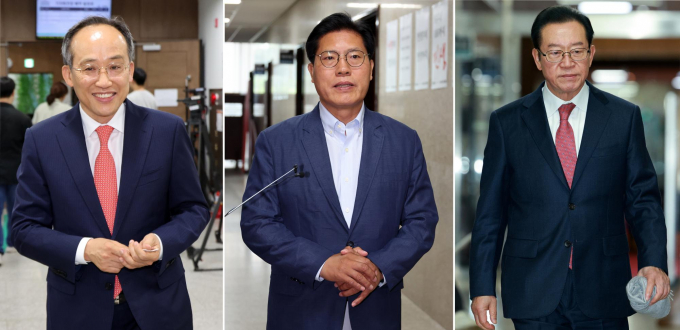 국민의힘 원내대표 후보인 이종배·추경호·송석준 의원이 오는 9일 선출을 앞두고 본격적인 선거 운동을 시작했다. 사진은 (왼쪽부터) 추경호·송석준·이종배 의원. 추 의원, 송 의원은 후보 등록 후 기자회견 하는 모습. 이 의원은 지난해 12월14일 국민의힘 중진회의에 참석하는 모습. /사진=뉴시스