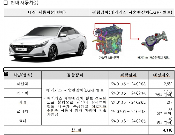 현대차 리콜 대상 차량. /사진제공=국토교통부