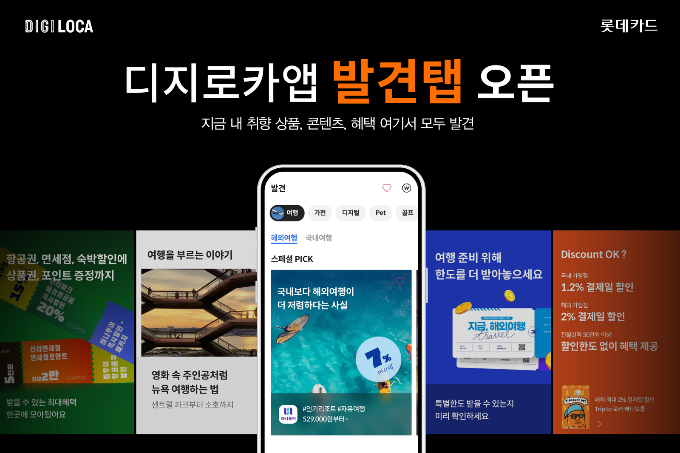 롯데카드가 고객의 현재 관심사를 실시간으로 감지해 관련 상품, 콘텐츠, 혜택을 한 눈에 모아 보여주는 서비스 '발견' 탭을 선보인다./사진=롯데카드