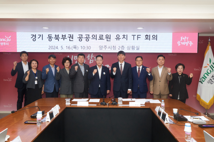 ‘경기동북부 혁신형 공공의료원 유치 TF 회의’에 참석한 강수현 양주시장(왼쪽 여섯 번째)이 TF관계자들과 공공의료원 유치에 대한 의지를 다지고 있다. /사진제공=양주시