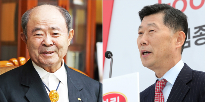 정창선 중흥그룹 회장(왼쪽)과 김홍국 하림 회장. /사진=중흥건설 제공, 뉴스1 DB