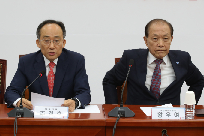 추경호 국민의힘 원내대표가 KC인증 획득 전 해외직구 금지 논란에 대해 "주요 정책 입반 과정에서 당과 사전에 협의해줄 것을 촉구한다"고 당부했다. 사진은 추 원내대표(왼쪽)가 20일 서울 여의도 국회에서 열린 비상대책위원회의에서 발언하는 모습. /사진=뉴스1