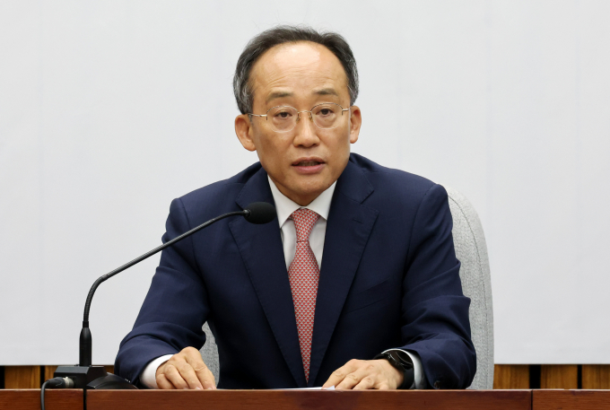 추경호 국민의힘 원내대표가 채상병 특검법 국회 재의결에 대해 아직까지 큰 이상 기류는 없다고 말했다. 사진은 추 원내대표가 21일 서울 여의도 국회에서 열린 원내대책회의에서 발언하는 모습. /사진=뉴시스