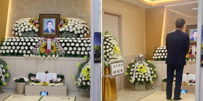 한덕수 국무총리가 21일 오후 고(故) 이건주 한국폐암환우회장의 빈소를 찾아 조문하는 모습. (한 총리 페이스북 갈무리)/뉴스1