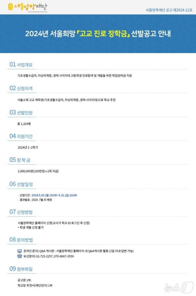 '서울희망 고교 진로 장학금'. (서울시 제공)ⓒ 뉴스1