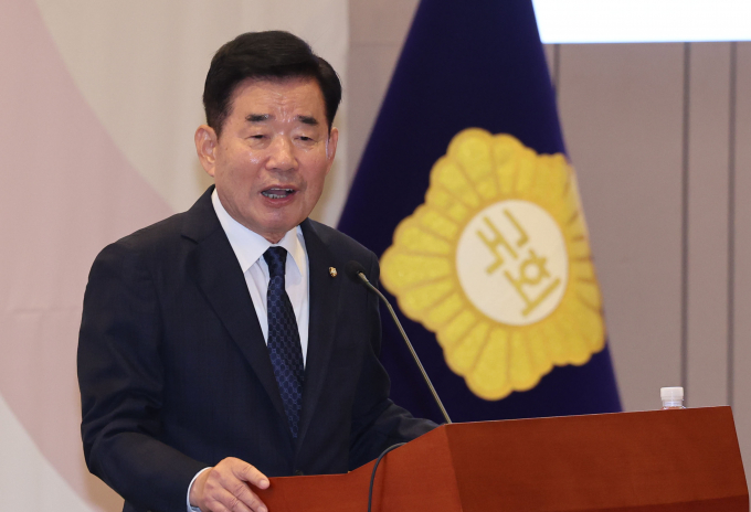 김진표 국회의장이 채상병 특검법을 오는 28일 국회 본회의에서 재표결하겠다고 밝혔다. 사진은 지난 21일 서울 여의도 국회 박물관에서 열린 제22대 국회 초선의원 의정연찬회에서 인사말 하는 모습. /사진=뉴시스