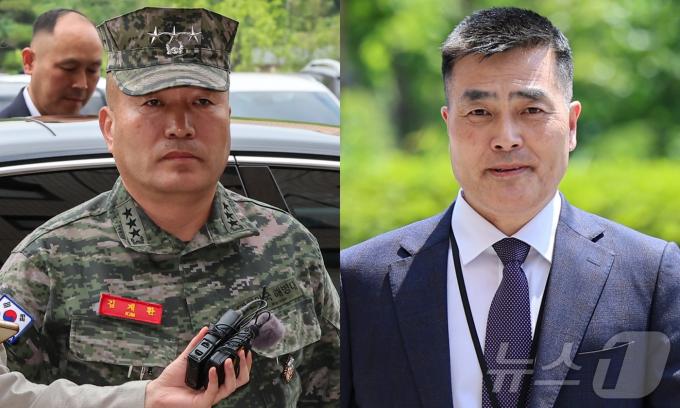김계환 해병대 사령관(왼쪽)과 박정훈 전 해병대 수사단장이 21일 경기 과천시 정부과천청사 고위공직자범죄수사처에 채상병 사건 수사 관련 조사를 받기 위해 출석하고 있다. 2024.5.21/뉴스1 ⓒ News1 김도우 기자