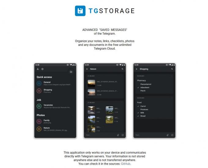 텔레그램 클라우드 다운로드 페이지 캡처. '당신의 정보는 그 어디에도 저장되지 않고 전송되지 않는다'는 내용의 안내문구가 적혀있다.