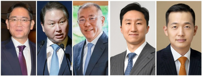 이재용 삼성전자 회장, 최태원 SK 회장, 정의선 현대차 회장, 정기선 HD현대 부회장, 김동관 한화 부회장(왼쪽부터)/사진=뉴스1, 각 사
