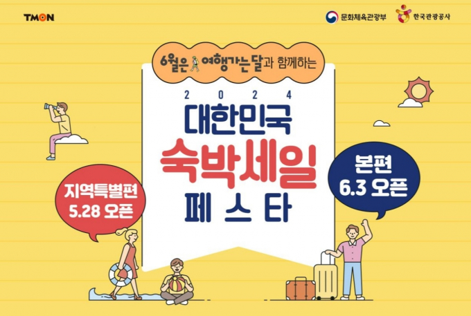 티몬이 '6월 여행가는 달'을 맞아 '2024 대한민국 숙박세일 페스타'에 동참한다고 28일 밝혔다. 30일까지 '지역특별기획전'을 실시하고 12개 비수도권 지역의 7만원 이상 숙박상품 구매 시 사용 가능한  쿠폰과 할인 혜택을 선보인다. /이미지=티몬