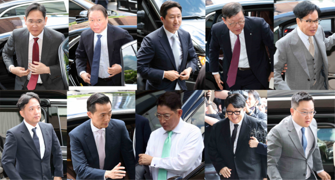 국내 총수·기업인들이 28일 오후 서울 중구 한 호텔에서 열린 빈 자이드 알 나하얀 아랍에미리트(UAE) 대통령과의 간담회에 위해 참석하고 있다. (상단 왼쪽부터 시계방향으로)이재용 삼성전자 회장, 최태원 SK그룹 회장, 정기선 HD현대 부회장, 허태수 GS그룹 회장, 이재현 CJ그룹 회장, 조만호 무신사 총괄대표, 방시혁 하이브 의장, 조현준 효성그룹 회장, 김동관 한화그룹 부회장, 김택진 NC소프트 최고경영자. / 사진=공동취재(뉴스1) /사진=(서울=뉴스1) 김민지 기자