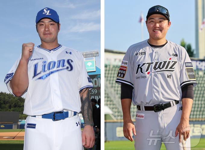 삼성과 KT 간 일대일 트레이드로 소속팀을 옮긴 박병호(왼쪽)와 오재일이 29일 오후 대구 삼성라이온즈파크와 잠실야구장에서 열리는 경기에 앞서 취재진을 향해 포즈를 취하고 있다. 2024.5.29/뉴스1 ⓒ News1 김도우 기자,공정식 기자