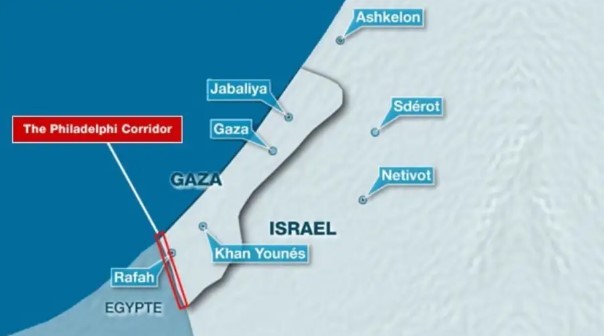 필라델피 통로의 위치가 빨간색 네모 박스로 표기돼 있다. (출처 : Jerusalem Center for Public Affairs)