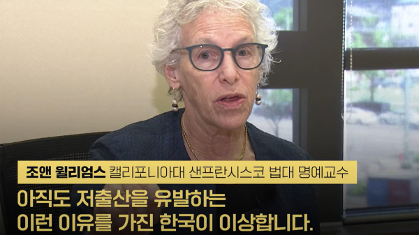 조앤 윌리엄스 캘리포니아대 명예교수가 한국의 저출산 문제를 지적했다. 사진은 JTBC와 인터뷰하는 윌리엄스 교수의 모습. /사진=JTBC 영상 캡쳐
