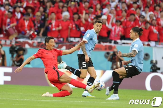 파울루 벤투 감독이 이끄는 대한민국 축구대표팀 정우영이 24일 오후(현지시간) 카타르 알라이얀 에듀케이션 시티 스타디움에서 열린 2022 카타르 월드컵 조별리그 H조 1차전 우루과이와의 경기에 상대 선수와 치열한 볼다툼을 벌이고 있다. 2022.11.24/뉴스1 ⓒ News1 이광호 기자