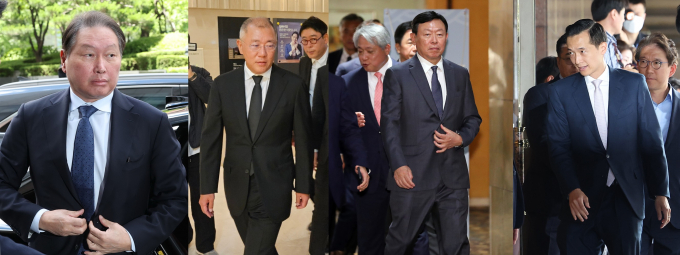 왼쪽부터 최태원 SK그룹 회장, 정의선 현대자동차그룹 회장, 신동빈 롯데그룹 회장, 김동관 한화그룹 부회장 (사진=뉴시스,뉴스1)