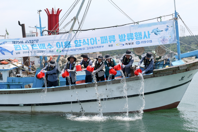  이광훈 고리원자력본부장(왼쪽 세번째) 등이 지난 31일 장안읍 월내항에서 원전 온배수 이용 양식 어패류를 방류하고 있다./사진=고리원전
