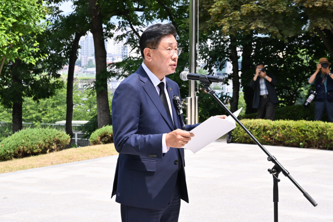 전진선 양평군수가 제69회 현충일 추모식에서 추념사를 하고 있다. /사진제공=양평군