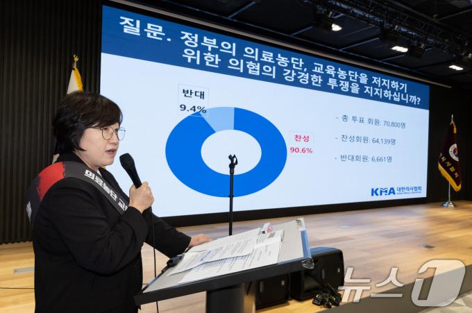 최안나 대한의사협회 총무이사가 9일 오후 서울 용산구 대한의사협회에서 열린 의료농단 저지 전국의사대표자회의에서 전 회원 투표 결과를 설명하고 있다. 2024.6.9/뉴스1 ⓒ News1 이재명 기자