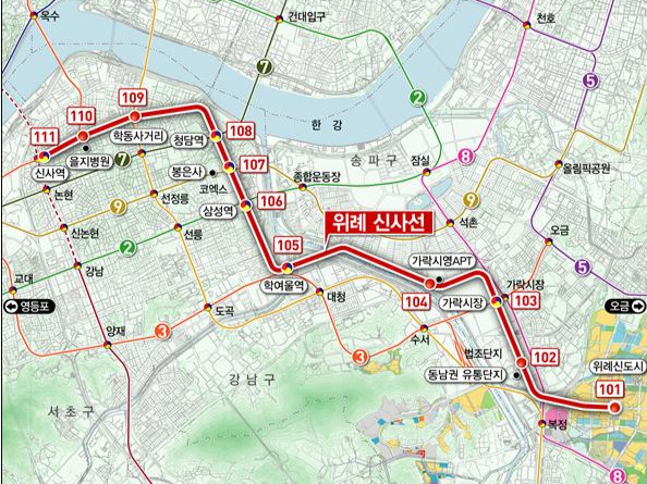 서울시가 위례신사선 도시철도 민간투자사업의 우선협상대상자로 선정됐던 GS건설 컨소시엄과 더 이상 협상을 하지 않기로 했다. 사진은 위례신사선 노선도. /사진=서울시