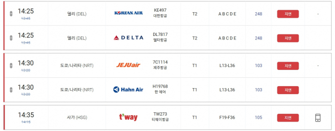 11일 오후 2시40분 현재 항공 지연 현황. 출발 항공편은 1시간 이상 지연되고 있다. /사진=인천공항공사 홈페이지 캡쳐