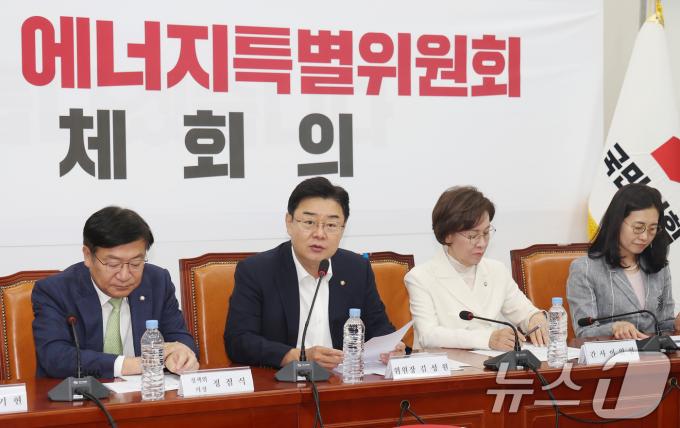 김성원 국민의힘 에너지특별위원장이 11일 오후 서울 여의도 국회에서 열린 에너지특별위원회의 전체회의에서 모두 발언을 하고 있다. 왼쪽부터 정점식 정책위의장, 김 위원장, 이인선 간사, 김소희 위원. 2024.6.11/뉴스1 ⓒ News1 김민지 기자