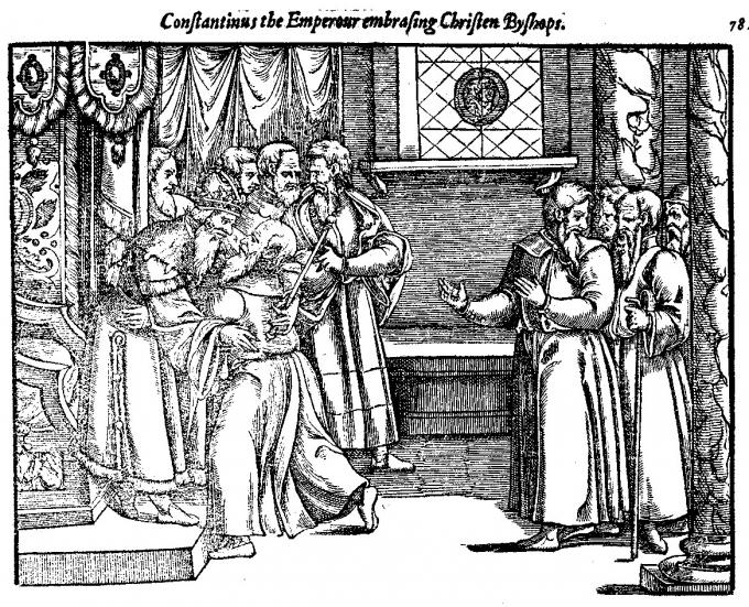 기독교 주교를 맞는 콘스탄티누스 1세. (출처: John Foxe (publisher), 소묘(1563), Wikimedia Commons, Public Domain)