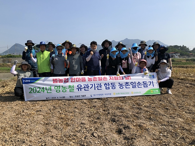 대구지법 의성지원, 농협 의성지부, 금성농협 관계자들이 마늘 수확 일손돕기를 진행한 뒤 단체사진을 촬영하고 있다./사진제공=NH농협은행 경북 의성지부