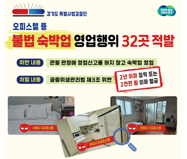 숙박업 신고 없이 오피스텔, 주택, 아파트 등에서 영업을 한 불법 숙박업체 32곳이 경기도 특별사법경찰단 수사에 적발됐다. 사진은 관련 홍보물. / 자료제공=경기도
