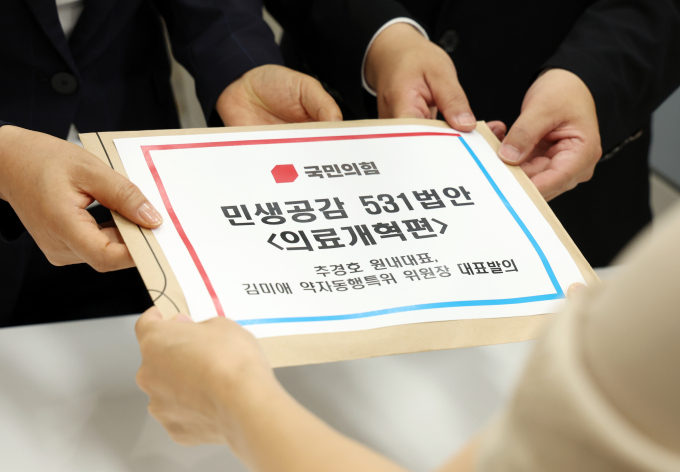 국민의힘 약자동행특별위원회가 20일 교제폭력 및 살인에 대한 처벌을 강화하고 피해자를 지원하는 내용의 법안 발의를 계획했다. 사진은 배준영 국민의힘 원내수석부대표와 김미애 약자동행특위원장이 20일 서울 여의도 국회 의안과에서 민생공감 531 법안 '의료개혁편'을 제출하고 있는 모습. /사진=뉴시스