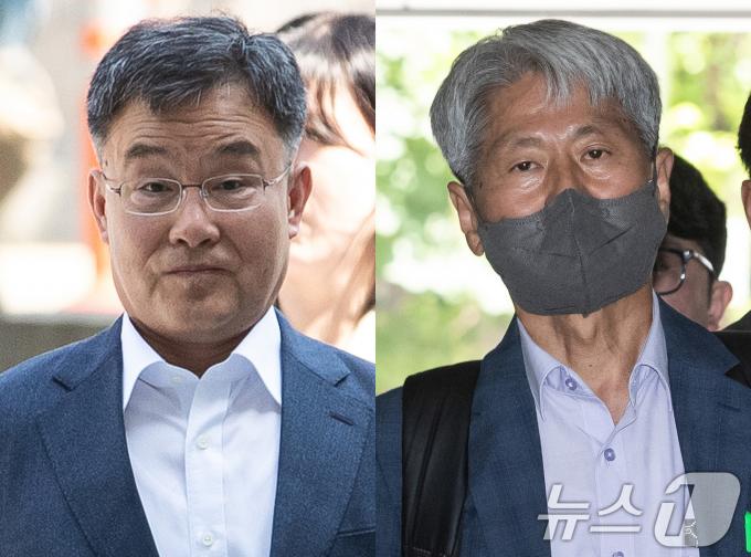 지난 대선 직전 윤석열 대통령의 명예를 훼손할 목적으로 허위 인터뷰를 한 혐의를 받는 화천대유 대주주 김만배 씨(왼쪽)와 신학림 전 언론노조위원장이 20일 서울 서초구 중앙지방법원에서 열린 구속 전 피의자 심문(영장실질심사)에 각각 출석하고 있다. 2024.6.20/뉴스1 ⓒ News1 유승관 기자