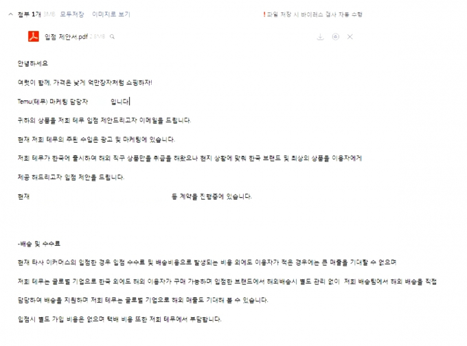 국내 셀러들에게 뿌려진 테무 입점제안서 중 일부 화면. /사진=제보자 이메일 캡처