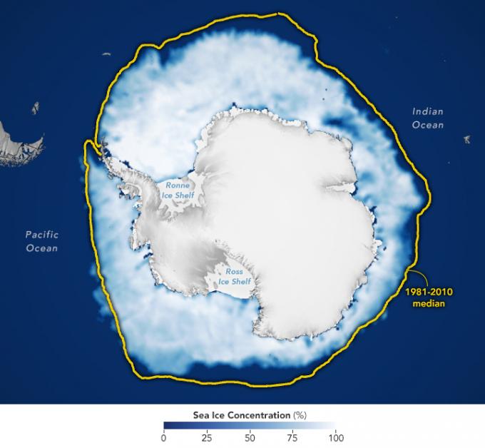 남극대륙. (출처: NASA Earth Observatory images by Lauren Dauphin, using data from the National Snow and Ice Data Center, 사진(2023), Wikimedia Commons, Public Domain)