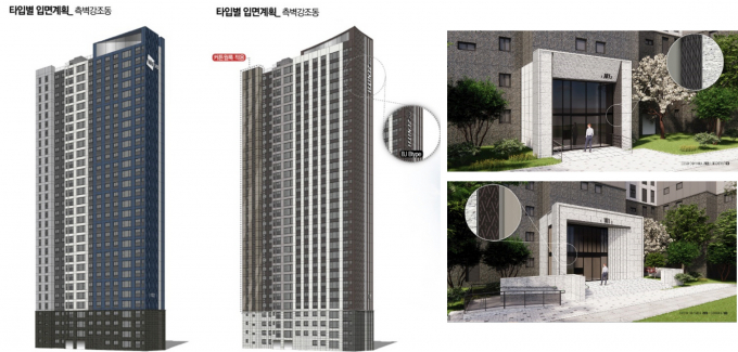 두산건설이 아파트브랜드 위브와 제니스의 키워드를 재정립 한 전용 패턴을 개발해 선보였다. 사진은 위브와 제니스 패턴을 아파트 외벽과 필로티에 적용한 예시. /사진=두산건설