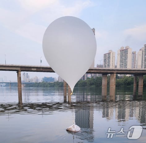 지난 9일 서울 잠실대교 인근에서 발견된 북한의 대남 오물풍선. (합동참모본부 제공)  2024.6.9/뉴스1 ⓒ News1 박지혜 기자