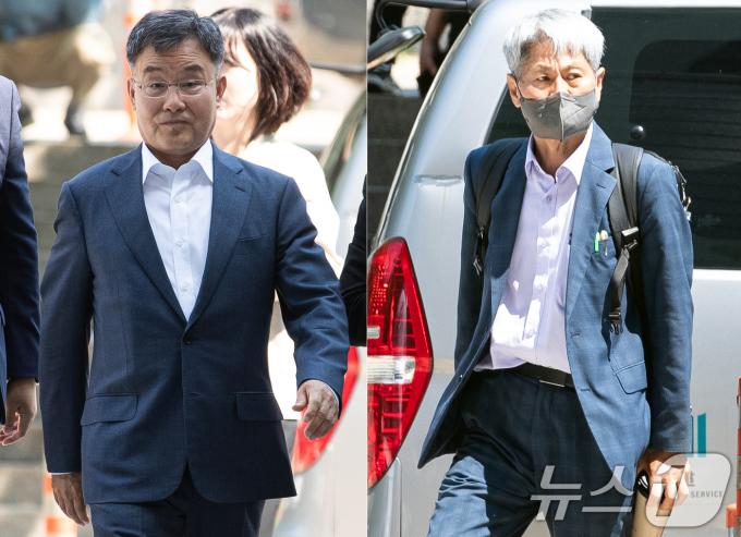 지난 대선 직전 윤석열 대통령의 명예를 훼손할 목적으로 허위 인터뷰를 한 혐의를 받는 화천대유 대주주 김만배씨(왼쪽)와 신학림 전 언론노조위원장이 20일 서울 서초구 중앙지방법원에서 열린 구속 전 피의자 심문(영장실질심사)에 출석하고 있다. 2024.6.20/뉴스1 ⓒ News1 유승관 기자