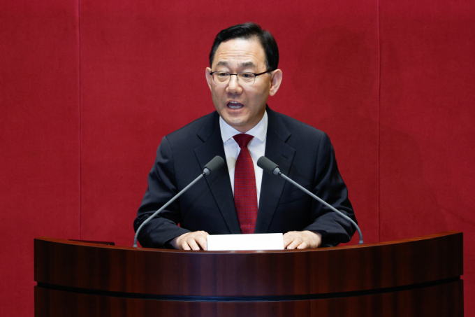 국회 부의장에 선출된 주호영 국민의힘 의원이 27일 오후 서울 여의도 국회에서 열린 제415회국회(임시회) 제3차 본회의에서 당선 소감을 밝히고 있다./사진제공=뉴스1