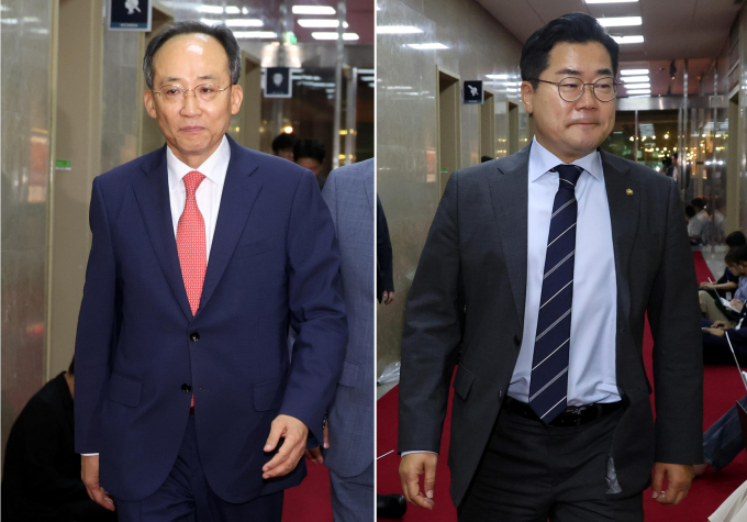 2일 국회 본회의에서 우원식 국회의장이 채상병 특검법 상정 표결 예고에 국민의힘이 필리버스터를 하겠다고 말했다. 사진은 추경호 국민의힘 원내대표(왼쪽)와 박찬대 더불어민주당 원내대표가 2일 서울 여의도 국회의장 집무실 열린 의장주재 여·야 원내대표 회동에 참석한 모습. /사진=뉴시스