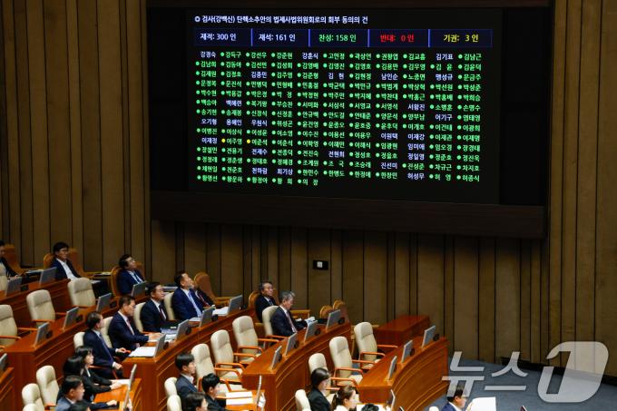 2일 오후 서울 여의도 국회에서 열린 제415회국회(임시회) 4차 본회의에서 검사(강백신) 탄핵소추안의 법제사법위원회로의 회부 동의의 건이 재석 161인 중 찬성 158인, 기권 3인으로 통과되는 가운데 박성재 법무장관을 비롯한 국무위원들이 착석해 있다. 2024.7.2/뉴스1 ⓒ News1 안은나 기자