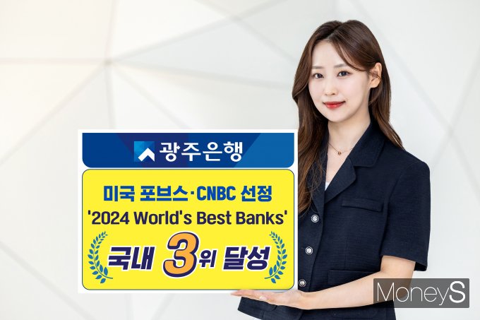 광주은행 홍보 모델이 미국 경제지 포브스와 CNBC가 선정한  '2024 World's Best Banks' 국내 3위 달성을 축하하고 있다 /사진=광주은행 제공.