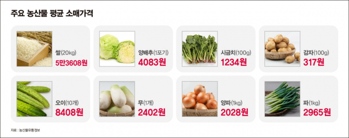 7월4일 기준 주요 농산물 평균 소매가격. 다다기 오이와 시금치 가격이 급등했고 대파가격도 올랐다. /그래픽=강지호 기자