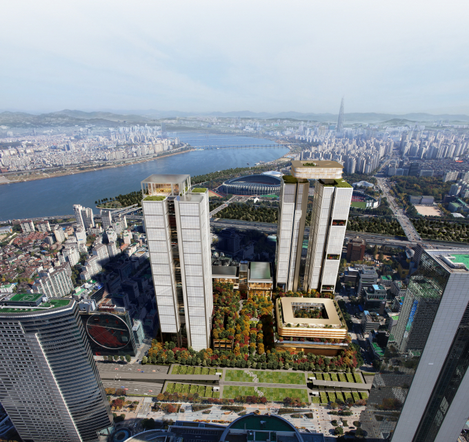 현대차그룹이 서울 강남구 삼성동 옛 한국전력 부지에 조성하는 GBC의 높이를 기존 105층에서 55층 2개동으로 변경하려 했지만 추가 협상이 필요하다는 서울시의 방침에 막혀 결국 이를 철회 하기로 했다. 사진은 GBC 조감도. /사진=현대차그룹