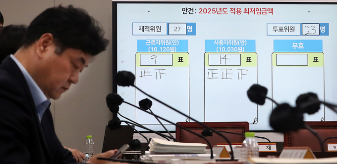12일 세종시 정부세종청사 최저임금위원회에서 열린 제11차 전원회의에서 2025년도 적용 최저임금액이 1만30원으로 결정된 뒤 이인재 위원장이 브리핑을 준비하고  있다. / 사진=뉴스1 김기남 기자  /사진=(세종=뉴스1) 김기남 기자