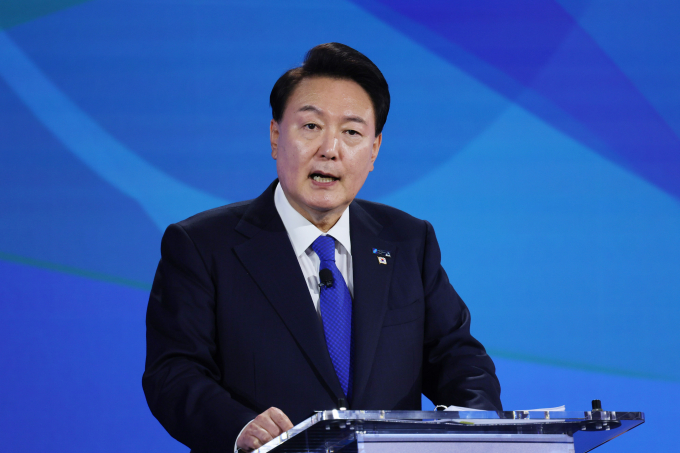 윤석열 대통령이 집중호우 피해를 크게 입은 지역에 대해 특별재난지역 선포 검토 지시를 내렸다. 사진은 윤 대통령이 지난 11일(현지시각) 미국 워싱턴DC 메리어트 마르퀴스 호텔에서 열린 나토 퍼블릭 포럼 인도·태평양세션에서 연설하는 모습. /사진=뉴시스