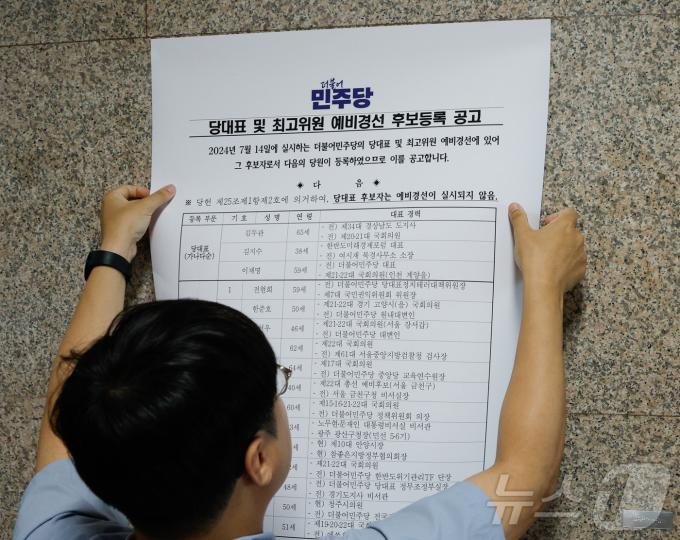 11일 서울 여의도 국회 더불어민주당 당대표실 앞에서 관계자가 '당대표 및 최고위원 예비경선 후보등록 공고문'을 붙이고 있다. 당대표 후보자에 김두관·김지수·이재명, 최고위원 후보자에 전현희·한준호·강선우·이성윤·정봉주·박진환·김민석·민형배·최대호·김병주·김지호·박완희·이언주. 2024.7.11/뉴스1 ⓒ News1 안은나 기자