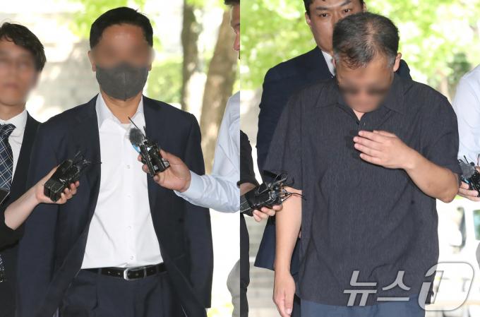 화천대유자산관리 대주주 김만배 씨와 거액의 돈거래를 한 혐의를 받는 중앙일보 논설위원 출신 조 모 씨(왼쪽)와 한겨레신문 출신 석 모 씨가 15일 오전 서울 서초구 서울중앙지방법원에서 열린 구속 전 피의자 심문(영장실질심사)에 출석하고 있다. 2024.7.15/뉴스1 ⓒ News1 임세영 기자